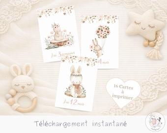Cartes Étapes Bébé à Imprimer Thème Lapins | PDF Milestone Cards | Première Année Bébé | Cadeau Naissance Baby Shower | Imprimable