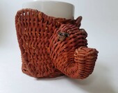 Vintage Woven Wicker Elephant Plant Holder with Removable White Pot