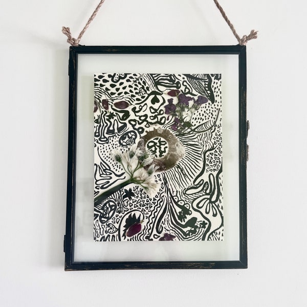 Genuine Mushroom Spore Print Framed with Pressed Flowers, Hand Painted with Black Indian Ink, 8x10", Handmade in UK