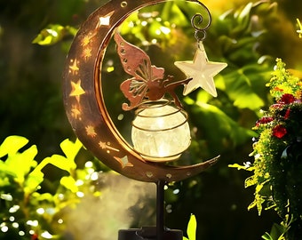 Lampe LED solaire féerique d'extérieur - Statue de lune de jardin en métal - Éclairage décoratif et étanche pour votre décoration de jardin et au-delà