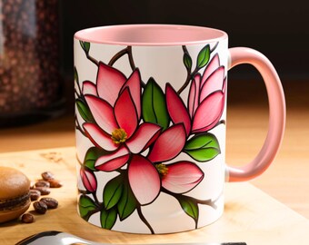 Stained Glass Magnolia Mug: Pink Floral Coffee Cup