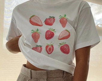 EU - Camicia grafica alla frutta, camicie grafiche alla fragola da donna, t-shirt alla fragola, t-shirt estetica camicia alla frutta vintage Y2K abbigliamento unisex