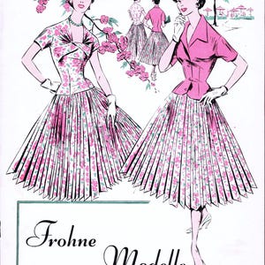 May include: A vintage fashion illustration showing two women in pink floral dresses and hats. The dresses have pleated skirts. The text "Frohne Modelle" is at the bottom, with "Frühjahr-Sommer-Ausgabe" below it.