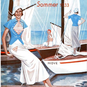 May include: A vintage magazine cover, "der neue Schnitt Sommer 1933", depicts women in nautical clothing. One wears a blue top and white skirt, another a blue top and grey skirt, and a third a checkered swimsuit. Boats are in the background.
