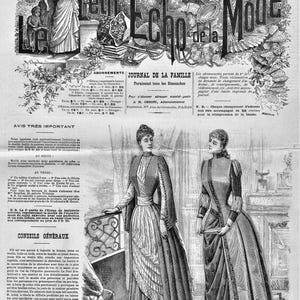 May include: A vintage black and white illustration from "Le Petit Echo de la Mode" journal. The image shows two women in long dresses, a decorative title, and text. The journal's title is in a decorative font.