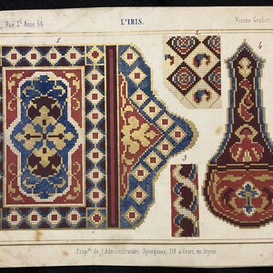 May include: An antique print featuring four detailed, colorful textile designs. The designs include geometric patterns in red, blue, gold, and cream, with text in French and German. The print is on aged paper.
