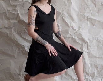 Black jersey dress. Stretchy, flowy--easy fit, any size. Skirt and tank set, high waisted skirt with cropped tank. Ecofriendly pocket dress.