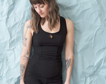 The Keyhole Tank-top. Stretchy black racerback sleeveless shirt with peek-a-boo keyhole. Durable and soft ecofriendly bamboo tank top.