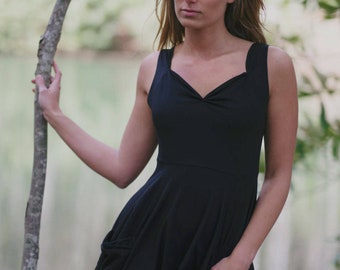 Summer flowy dress with pockets. Handmade bamboo jersey dress, choose your hem length. Light and easy little black dress. Made in all sizes.