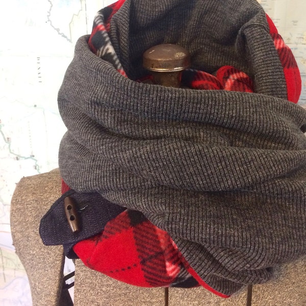 RED TARTAN and GREY infinity scarf - reversible cowl, multiple styling options. Plaid fleece and grey sweater knit, denim and button accent.