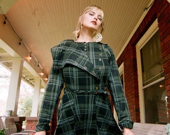 Winter Dress, made-to-order. Green and grey plaid maxi dress w huge pockets and adjustable collar. Vintage inspired, warm snuggie dress.