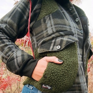 Plaid Sherpa Fleece Jacket: Handmade Vegan Fur Hooded Coat