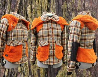 Chaqueta de franela a cuadros hecha a mano: detalles de sherpa y capucha desmontable.