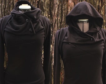 Lightweight black hooded cowl sweater with thumbhole cuffs and elbow patches. Made to order, any size.