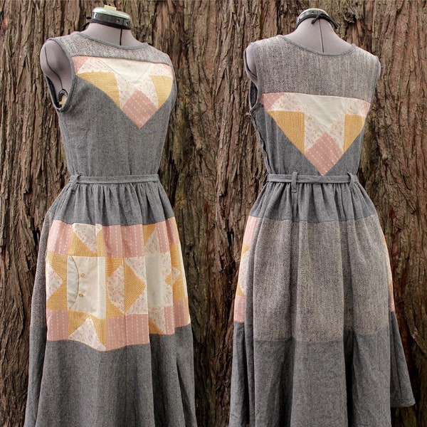Primrose and Goldfields. Summer linen quilt dress, handmade in all sizes. Flowy midi dress with gathered waist, 4 pockets, and belt.
