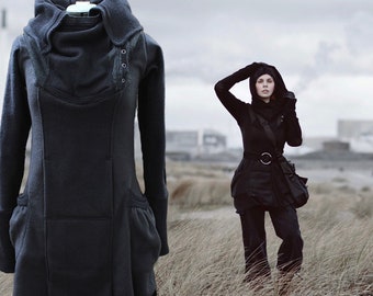 Black fleece pocket dress, the Brunhilda. Layered cowl dress, full fleece dress with henley style cowl neck and detachable hood.