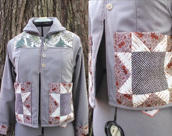 Fern Friend pocket frock. Cropped chore coat with quilted shoulders, elbow patches, and handmade quilt square pockets.