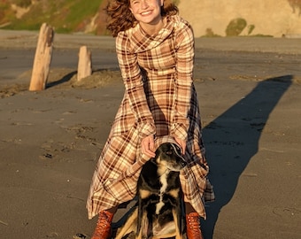 Birds of a Feather, brown plaid blanket dress. Full length fleece dress w pockets & adjustable collar. Vintage inspired warm prairie dress.