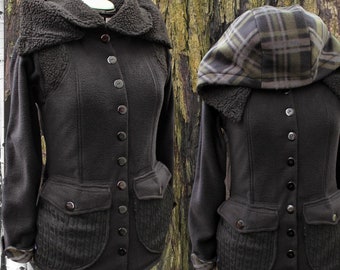 Black Fleece Peacoat: Vegan Fur, Cable Knit Accents, Detachable Hood