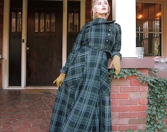 Blanket Dress, made-to-order. Green and grey plaid maxi dress w huge pockets and adjustable collar. Vintage inspired, warm snuggie dress.