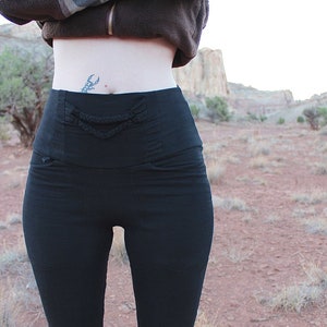 Knee patch leggings with pockets and braided waistband detail. Made-to-order, ecofriendly leggings made from stretchy bamboo french terry.