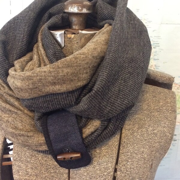 HEATHER TAUPE and CHARCOAL infinity scarf - reversible, multiple styling options. Grey and tan sweater knits, denim and button accent.