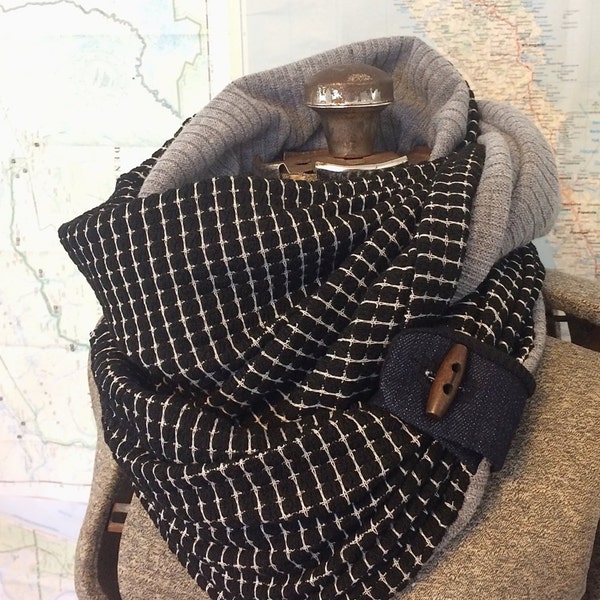 BLACK GRID and GREY infinity scarf - reversible, multiple styling options. Black and Grey sweater knits, denim and button accent.