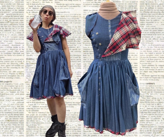 Chambray Denim Dress with Red Plaid Accents - Adjustable Fit