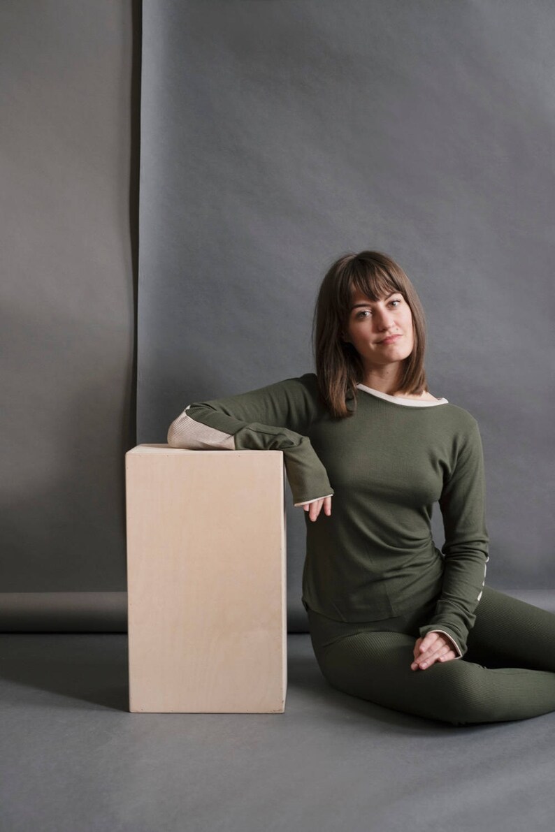 Long sleeve with elbow patches and thumbhole cuffs FOREST Thermal Jammies pajama set and great gift for her Matching top and leggings.
