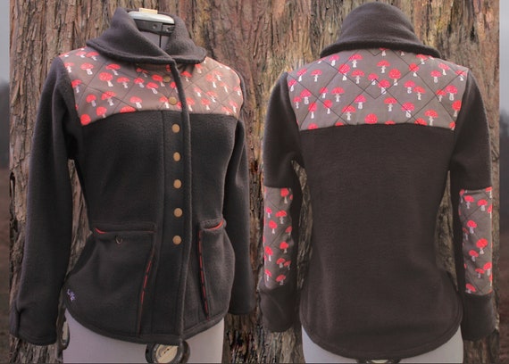 Black Amanita Chore Coat: Fleece Outerwear with Mushroom Print