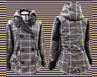 Hooded peacoat, black and blue plaid. Womens coat with detachable hood, pockets, and elbow patches. Made to order, any size.