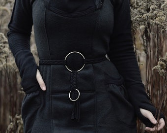 Black Fleece Cowl Neck Dress: Brunhilda Pullover with Hood