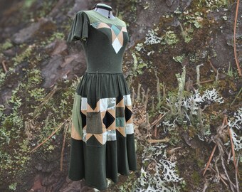 Flowy quilt dress in dark green--with pockets, flutter sleeves & handmade quilt details. Soft and stretchy, bamboo jersey. Moss and Lichen.
