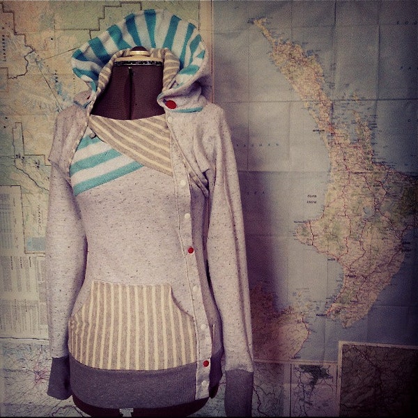 stripes and angles Snap-Front hoodie. grey with BLUE and ASH stripes. open front hooded cardigan. thumbhole sleeves and tiny stash pocket