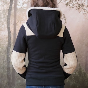 The Fargo Hoodie in black ecofriendly bamboo french terry and cable knit sweater accents. Faux fur lined hood and vegan leather accents. image 5