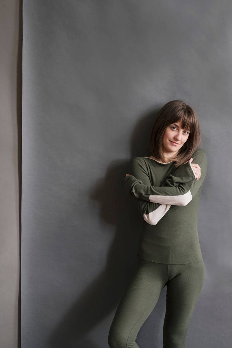 Long sleeve with elbow patches and thumbhole cuffs FOREST Thermal Jammies pajama set and great gift for her Matching top and leggings.