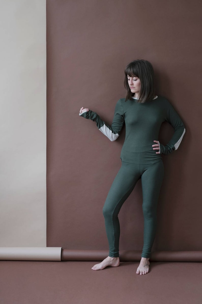 Long sleeve with elbow patches and thumbhole cuffs FOREST Thermal Jammies pajama set and great gift for her Matching top and leggings.