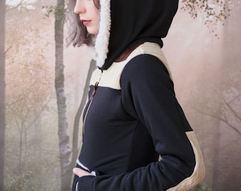 Black Bamboo French Terry Hoodie: Cable Knit & Faux Fur Lined