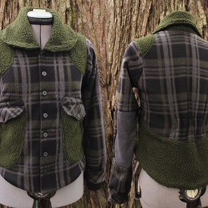 Handmade Plaid Sherpa Jacket: Vegan Fur Hooded Fleece Coat