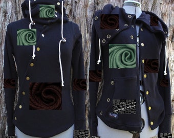 For Janine! A beautiful custom lightweight cardigan in brown, green, black, and news-print fabrics.