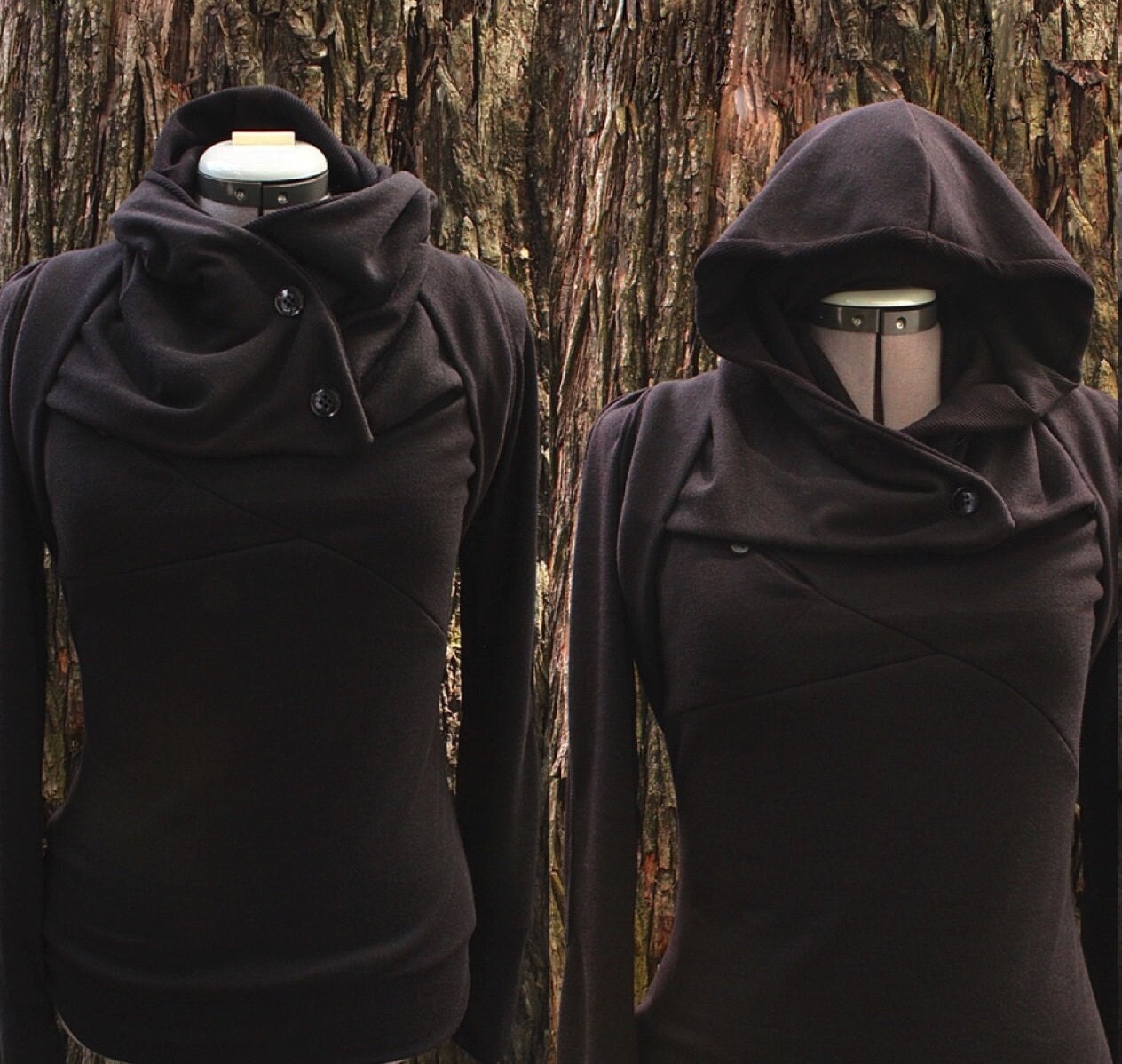 Lightweight black hooded cowl sweater with thumbhole cuffs and elbow  patches. Made to order, any size.