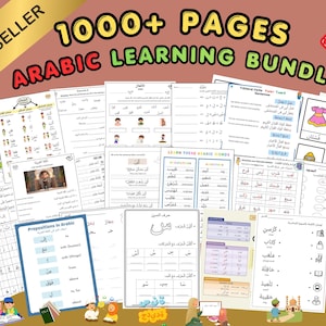 May include: A collection of educational worksheets titled 1000+ PAGES ARABIC LEARNING BUNDLE. The pages feature Arabic alphabet charts, vocabulary lists, verb conjugation exercises, and tracing activities with colourful illustrations of children and objects.