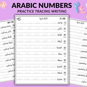 Puede incluir: Tres hojas de trabajo para practicar la escritura de números arábigos. Las hojas de trabajo presentan el texto "ARABIC NUMBERS PRACTICE TRACING WRITING" en negro. Los números están escritos en árabe e inglés, con líneas de trazado para practicar. El fondo es blanco.