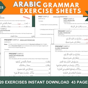 May include: A set of 20 Arabic grammar exercise sheets with answer keys. The sheets are designed to help learners practice using different verb tenses in Arabic. The sheets include exercises for both singular and plural pronouns.