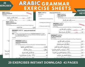 Könnte beinhalten: Ein Satz von 20 arabischen Grammatik-Übungsblatt mit Lösungsschlüssel. Die Blätter sind so konzipiert, dass sie Lernenden helfen, verschiedene Verbzeiten im Arabischen zu üben. Die Blätter beinhalten Übungen für sowohl Singular- als auch Pluralpronomen.