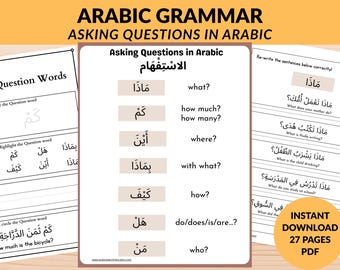 Könnte beinhalten: Lehrreiches Arbeitsblatt mit arabischen Grammatikübungen zum Fragenstellen. Die Arbeitsblätter enthalten Fragewörter, Beispiele und Übungen. Der Text ist auf Arabisch und Englisch, mit PDF-Download.