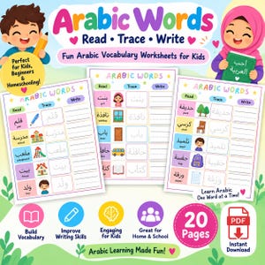 Può includere: Schede didattiche di vocabolario arabo per bambini composte da tre pagine con colonne per leggere, tracciare e scrivere parole. Ogni pagina include illustrazioni colorate di oggetti come una penna, una scuola e una casa, insieme a testo in arabo.