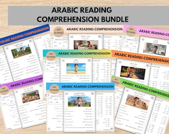 Könnte beinhalten: Ein Bündel arabischer Leseverständnis-Arbeitsblätter. Jedes Arbeitsblatt enthält farbenfrohe Illustrationen und Vokabelabschnitte. Das Bündel umfasst verschiedene Themen und Übungen, mit dem Text "ARABIC READING COMPREHENSION".