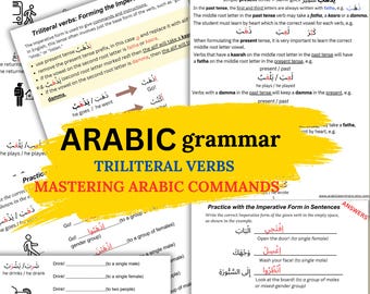 Könnte beinhalten: Ein Arbeitsblatt mit einem farbenfrohen Design, das arabische Grammatik lehrt, mit Schwerpunkt auf triliterale Verben und der Beherrschung arabischer Befehle. Das Arbeitsblatt enthält Übungsaufgaben mit der Imperativform von Verben in Sätzen. Das Arbeitsblatt trägt den Titel "Arabische Grammatik: Triliterale Verben: Arabische Befehle meistern".