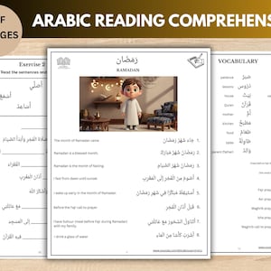 Pode incluir: Um recurso educacional em PDF de 20 páginas intitulado "Compreensão de Leitura Árabe". As páginas apresentam texto árabe, vocabulário e exercícios relacionados ao Ramadão. Uma ilustração de um personagem de desenho animado também está incluída.